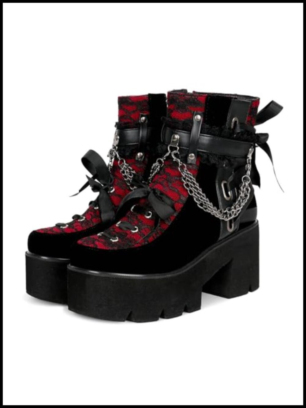 Victorian Lace Platform Goth Boots Chunky High Heels Lace-Up Combat Booties